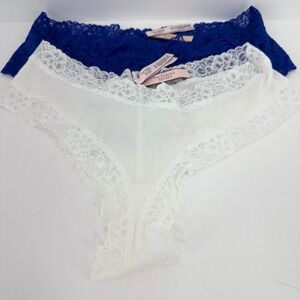 Victoria's Secret Cheeky Panties Set 2 XL Blue Lace White Lace Trim New‎